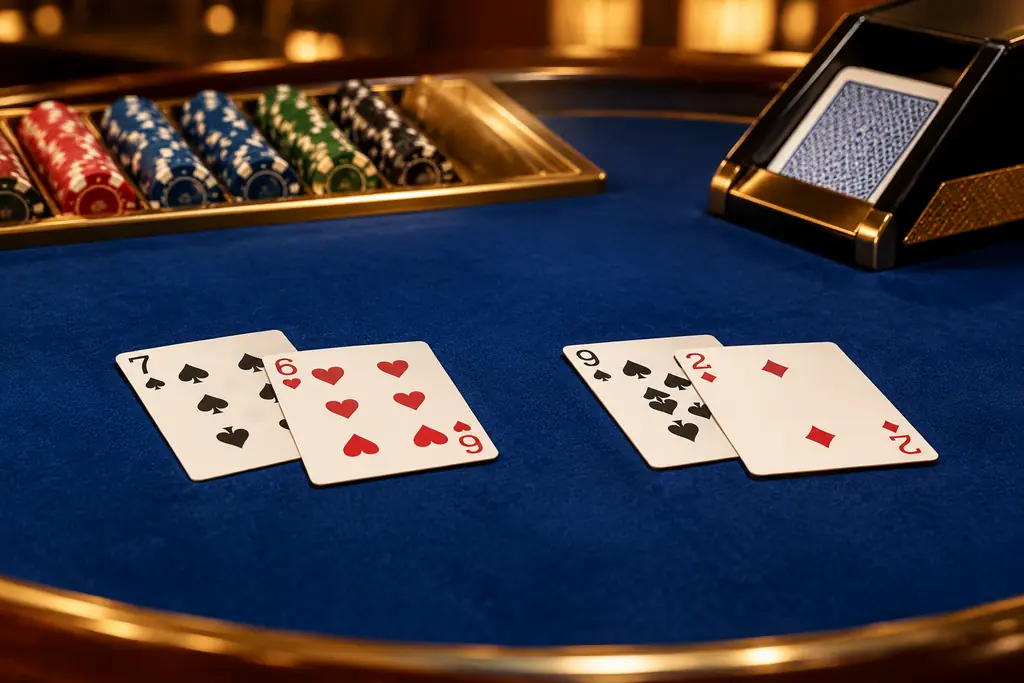 Dua kelompok kartu di meja baccarat dengan sepatu kartu