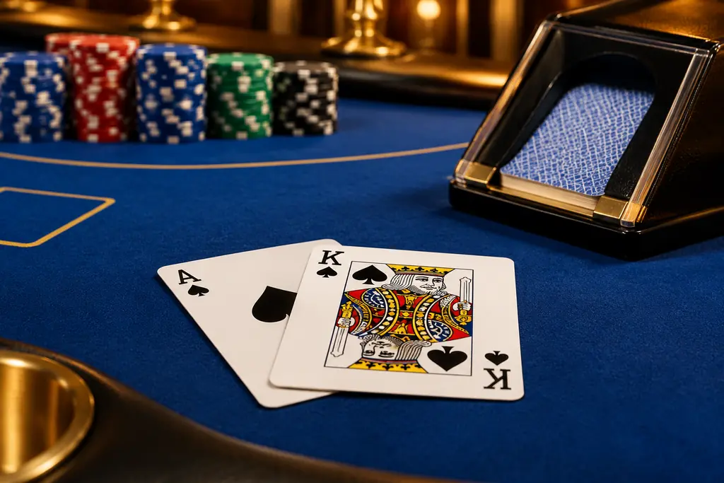 Kartu As dan Raja di samping sepatu kartu pada meja blackjack