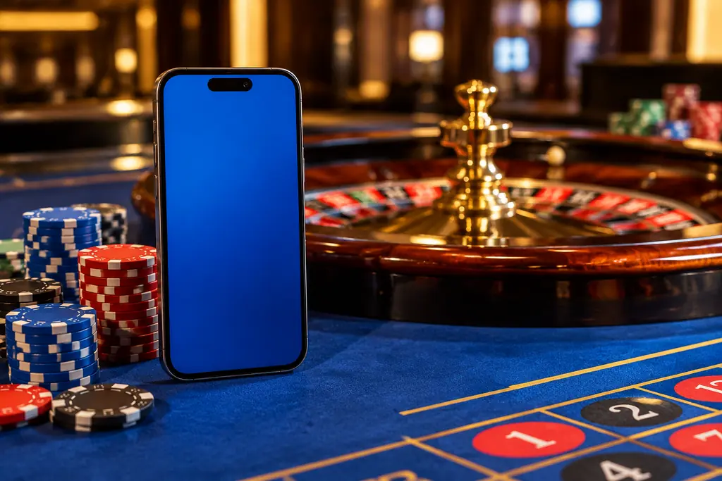 Ponsel dengan layar biru di samping roda roulette dan cip