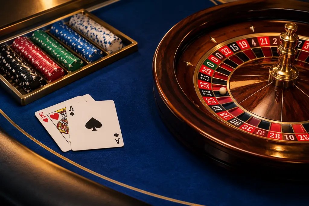 Meja kasino dengan kartu, rak cip, dan roda roulette