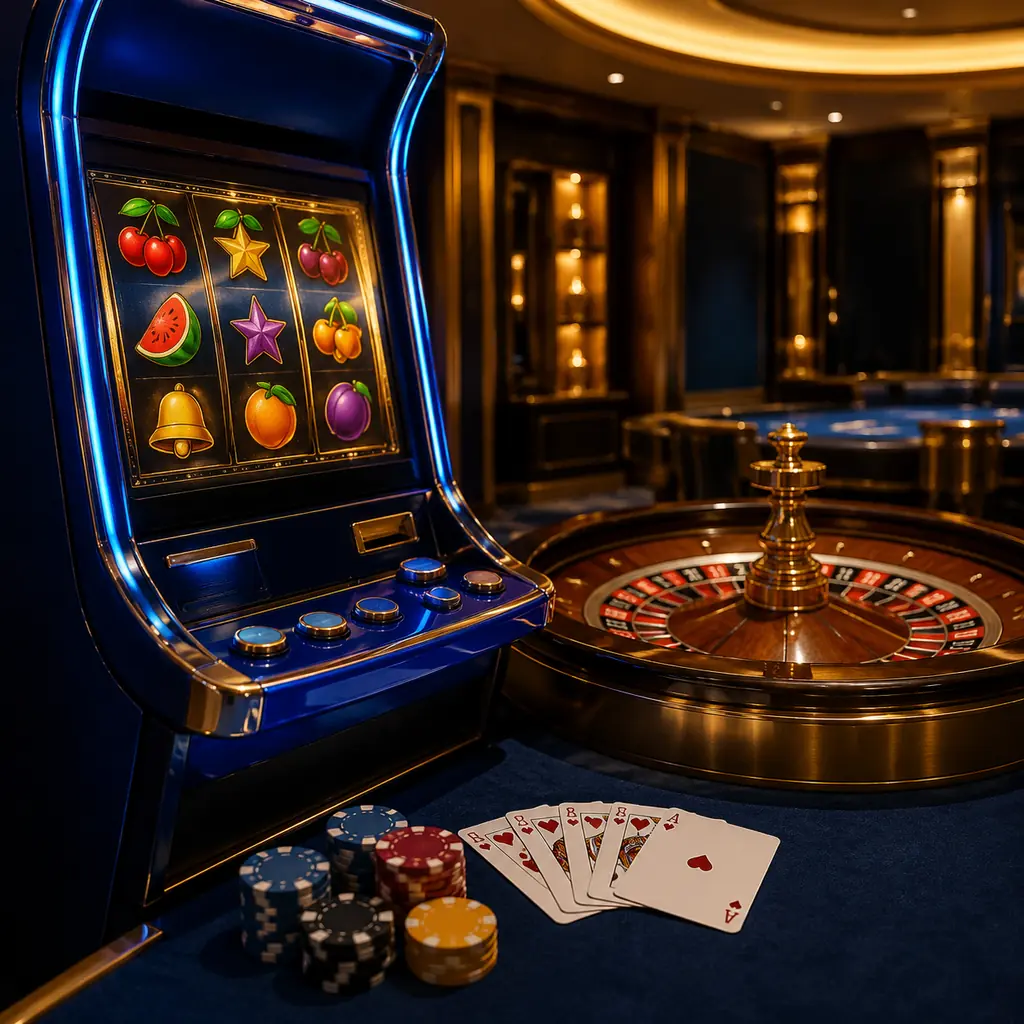 Kabinet slot konseptual bersama roda roulette dan kartu di ruang kasino