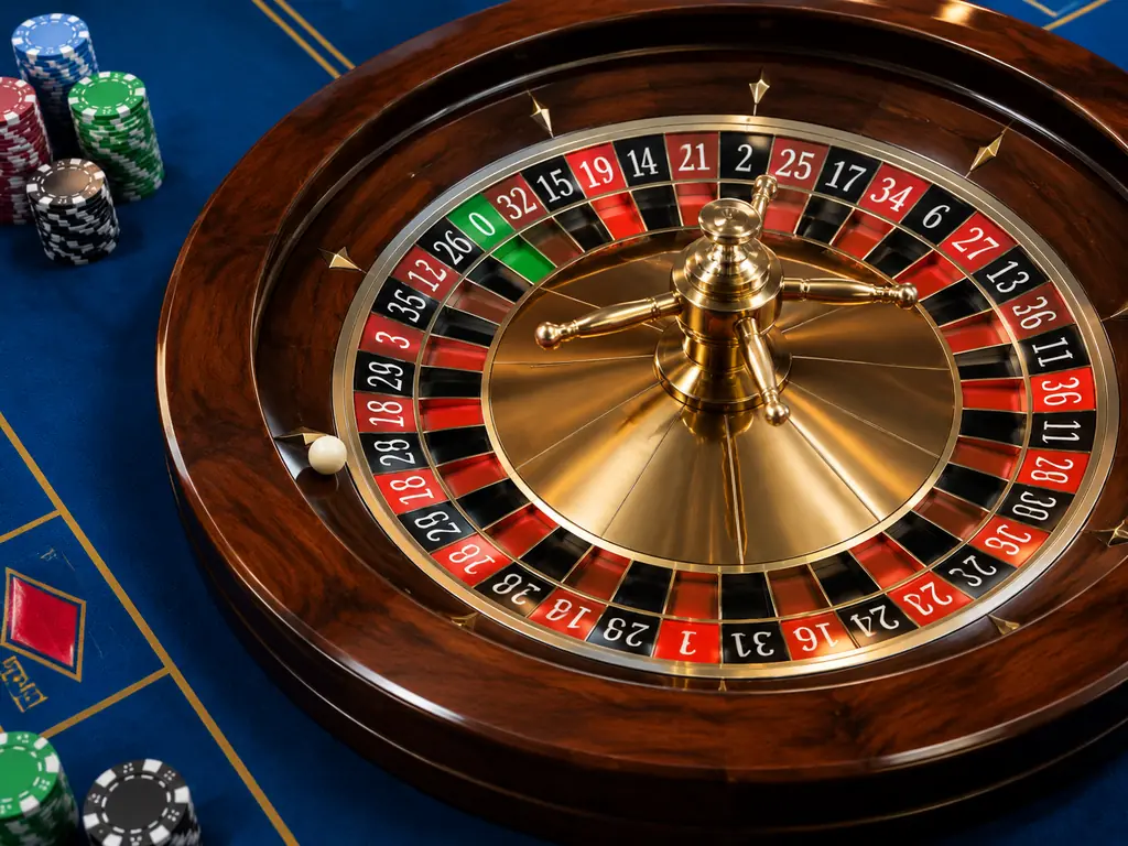 Roda roulette berwarna merah hitam dengan kantong nol hijau