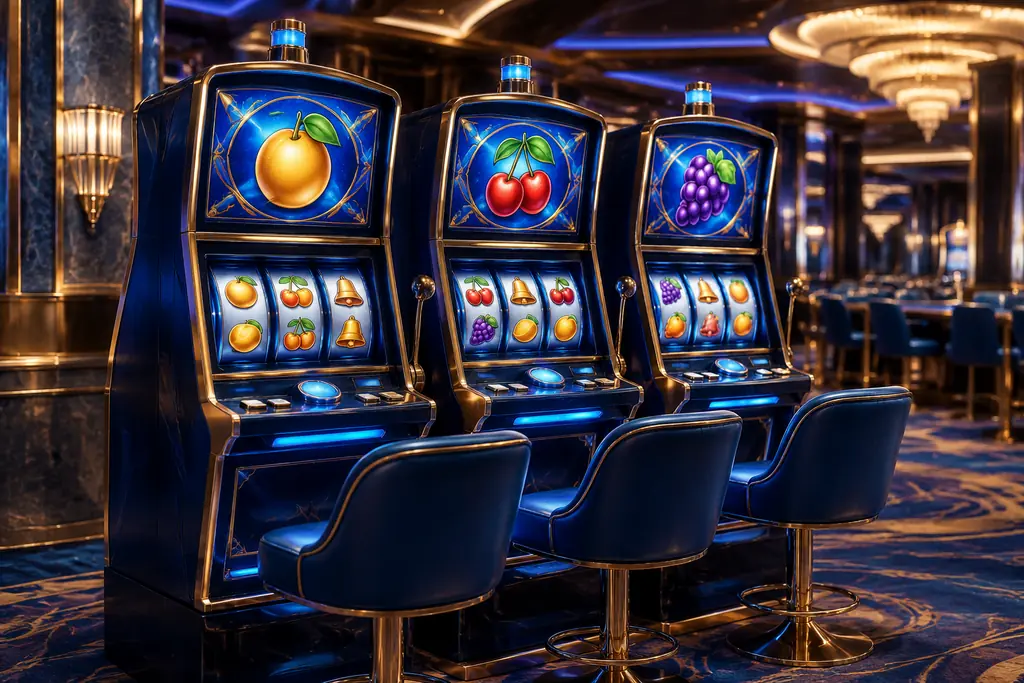 Deretan mesin slot ilustratif berwarna biru di ruang kasino