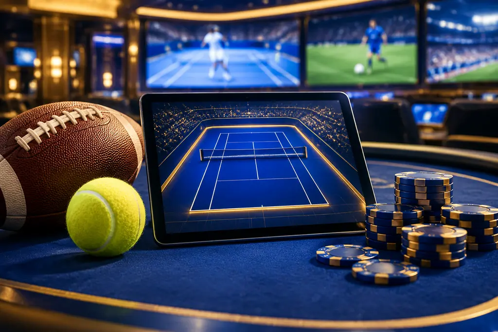 Tablet dengan bentuk lapangan tenis, bola olahraga, dan cip kasino