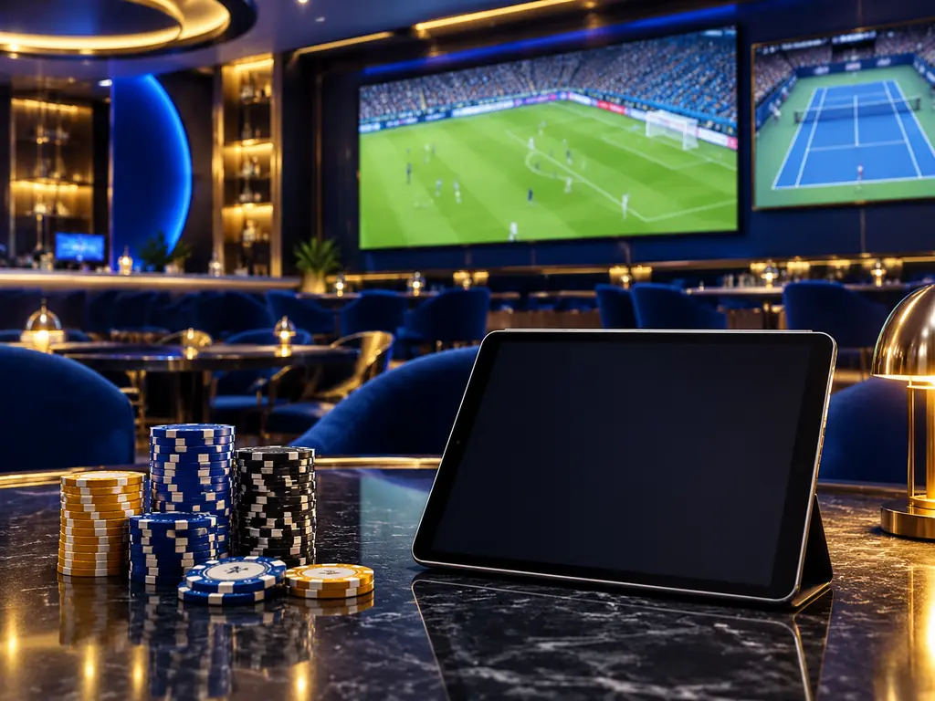 Ruang bertema olahraga kasino dengan layar sepak bola dan tenis