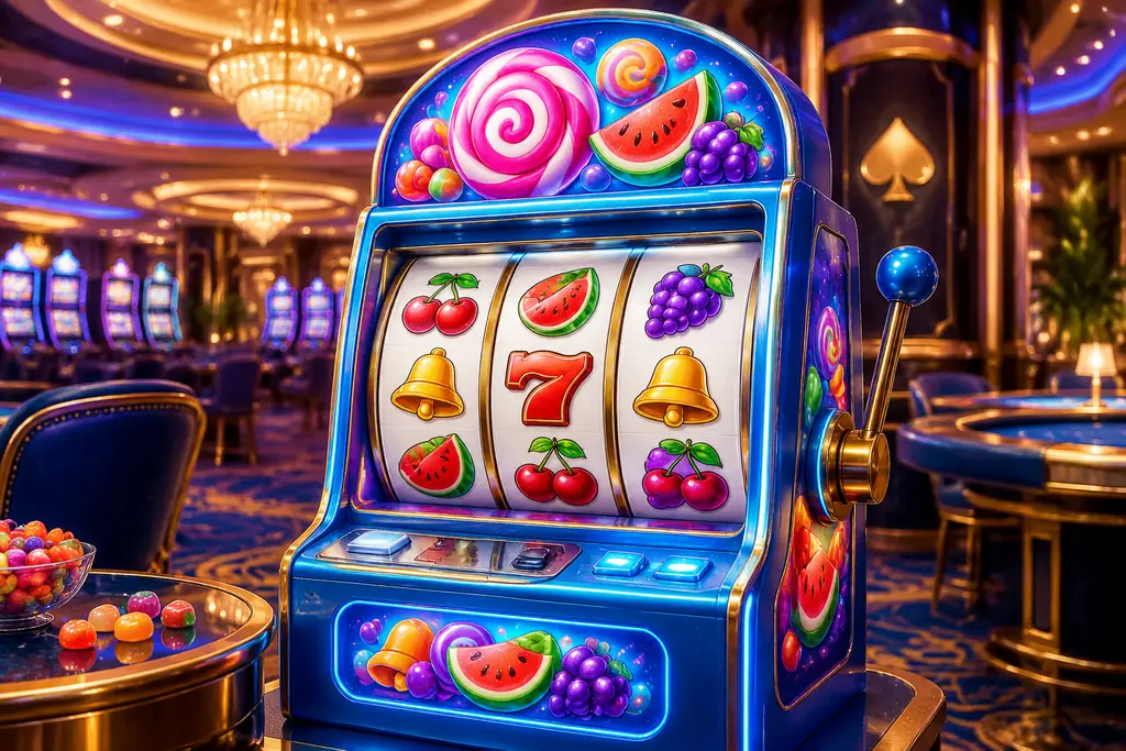 Mesin slot konseptual dengan motif permen dan buah